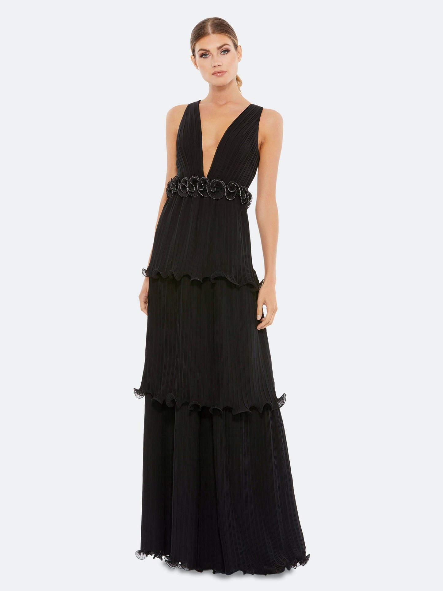 Pleated Tiered Ruffle Gown - Black - 10