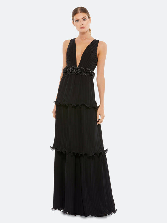 Pleated Tiered Ruffle Gown - Black - 14