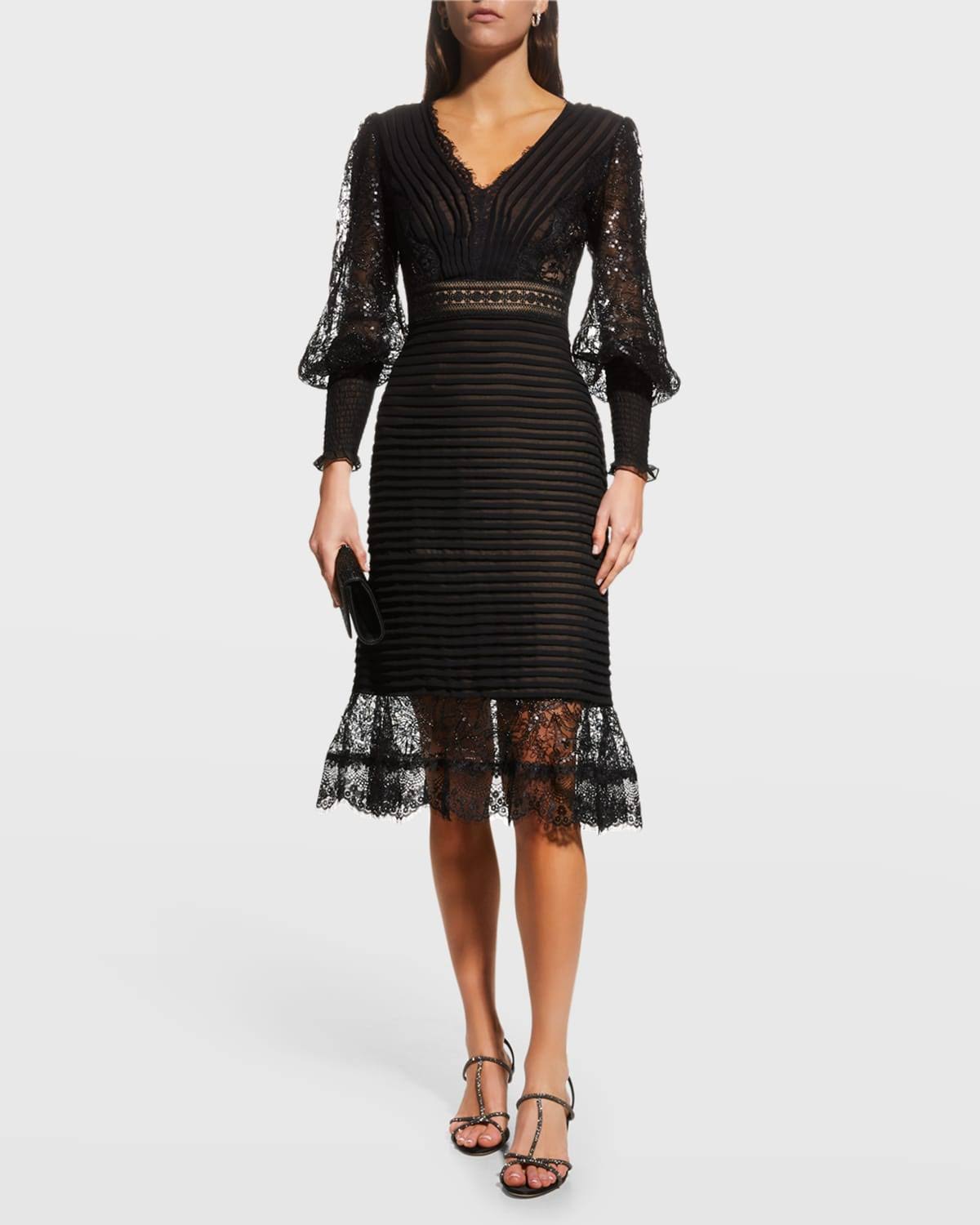 Pleated Sequin Lace Long Sleeve Chiffon Dress In Black