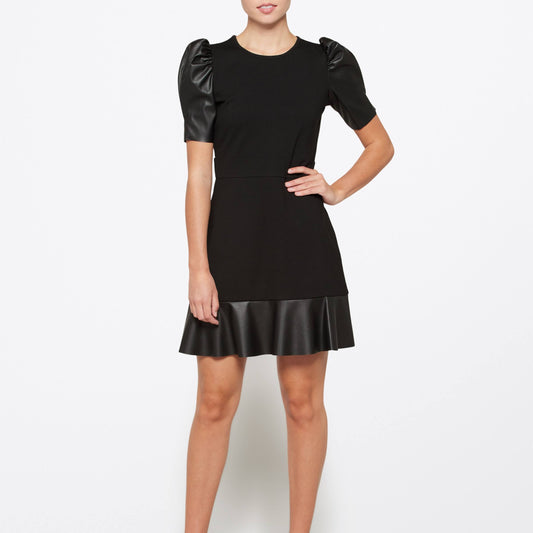 Ponte Leather Mix Ruffle Dress Women's Clothing : Xs