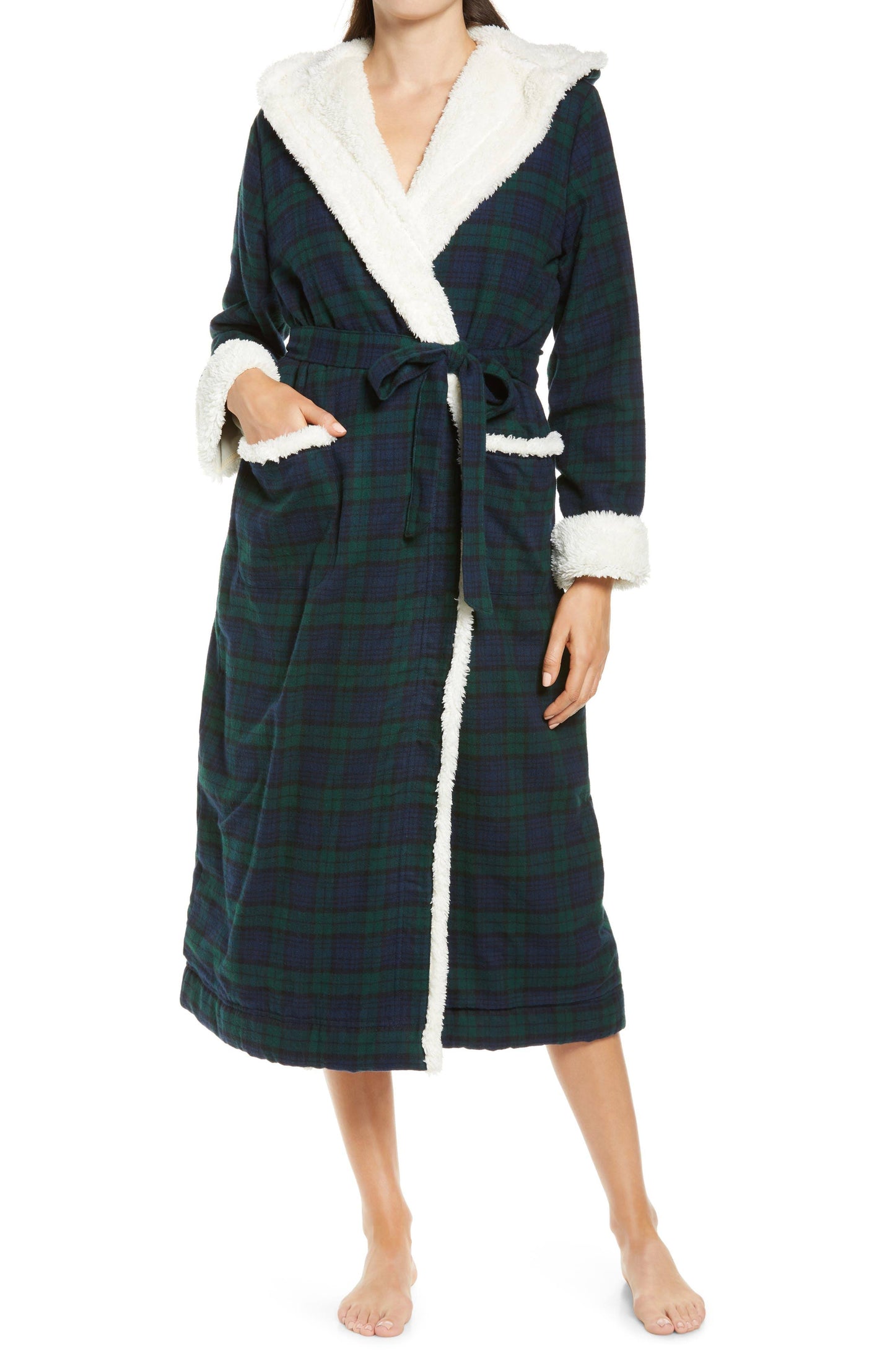 Plus Size Scotch Plaid Flannel Sherpa Lined Long Robe Women's Robe Black Watch : 2x