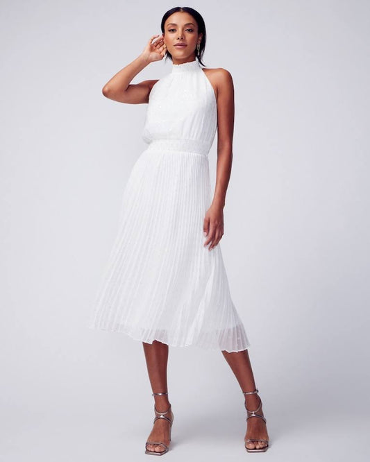 Pleated Halter Midi Dress In White Size 14 | , Wedding Guest Dresses