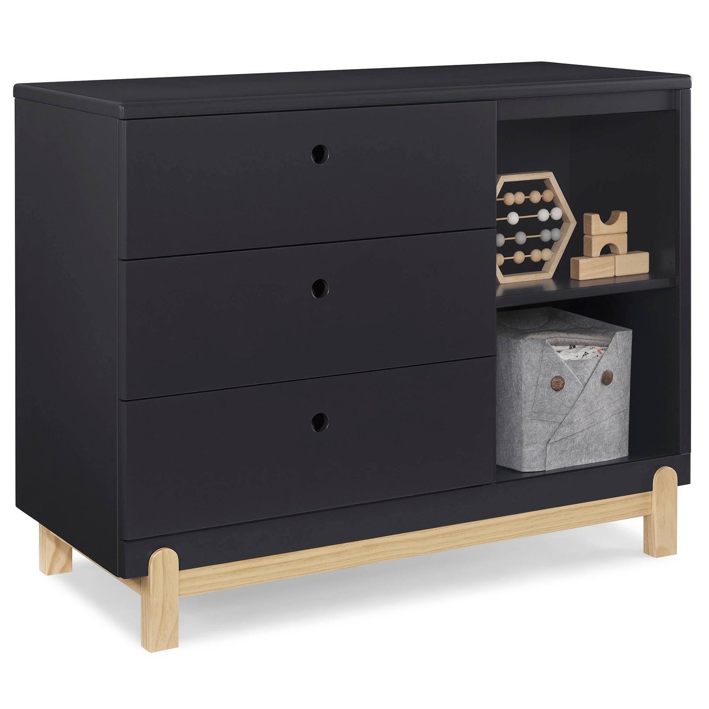 Poppy 3 Drawer Dresser With Cubbies, Midnight Grey/Natural