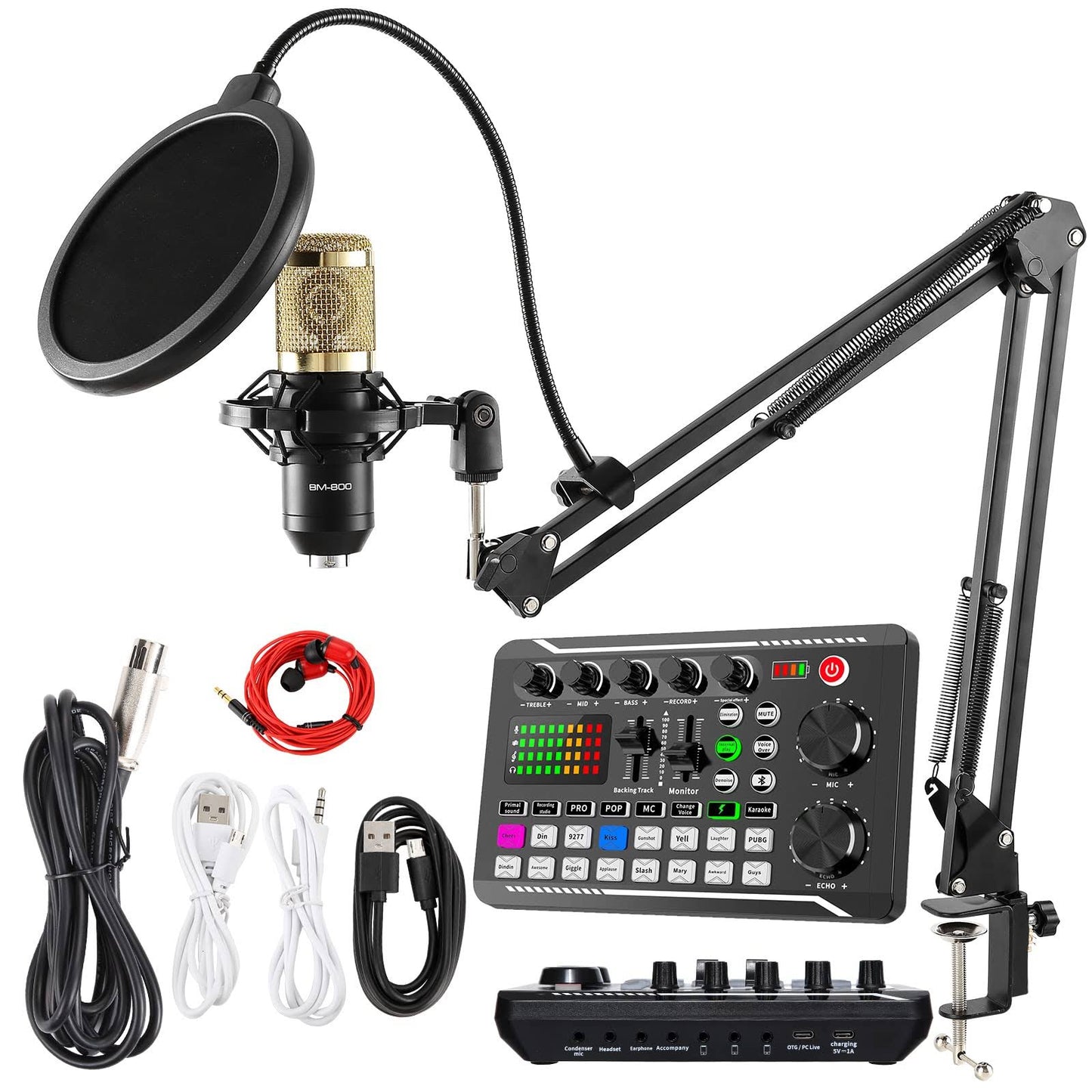 Podcast Microphone Bundle, Bm-800 Mic With Live Sound Card Kit,Condenser Mic With Sound Board Voice Changer Dj Mixer,Podcast Equipment Bundle