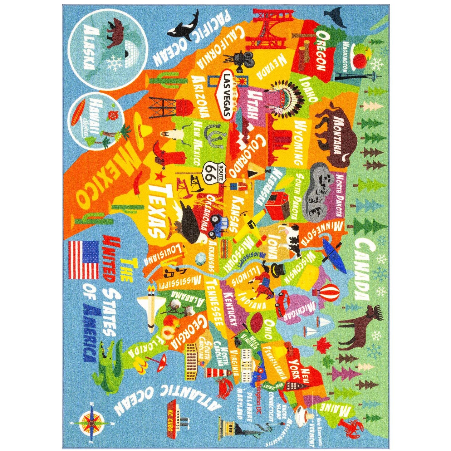 Playtime Collection Usa United States Map Educational Learning & Game Area Rug Carpet For Kids And Children Bedrooms And Playroom (5'0" X