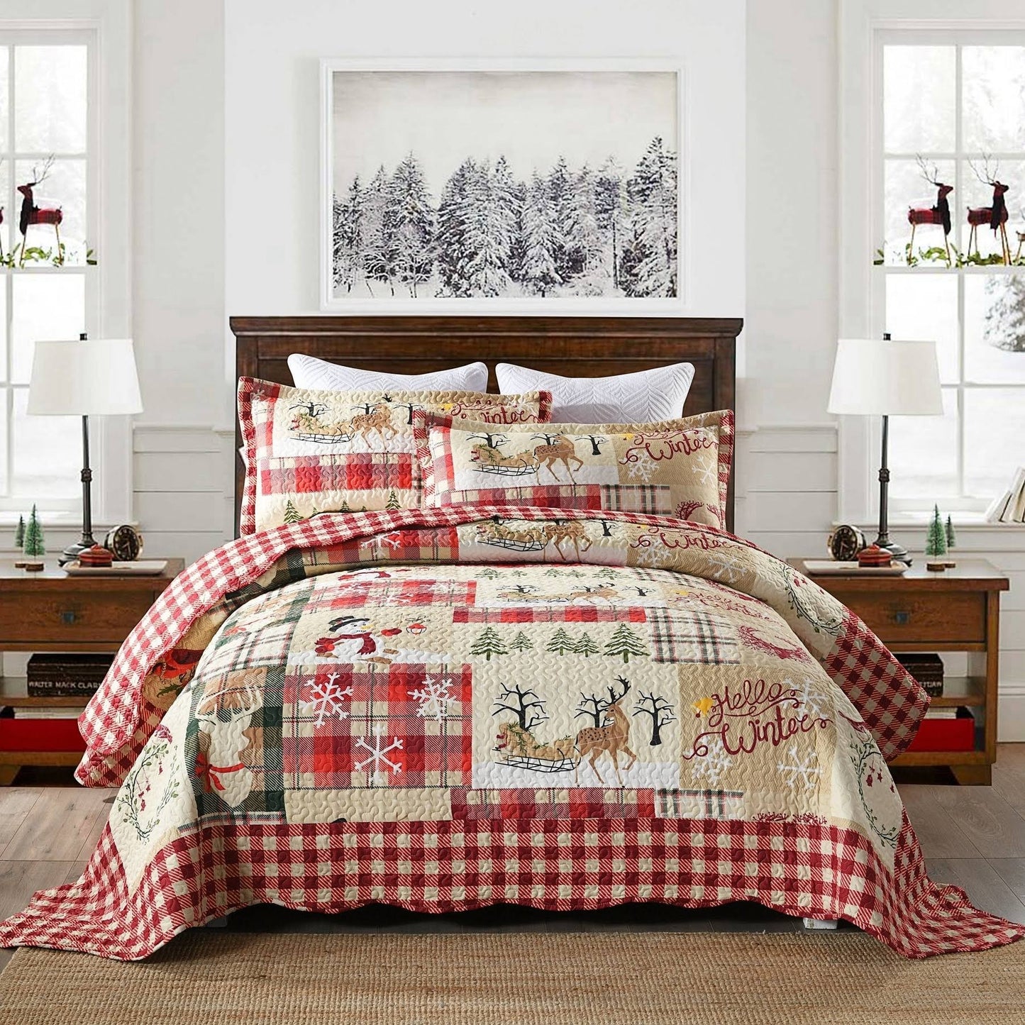 Patchwork Christmas Quilt Bedding Set Queen, Red