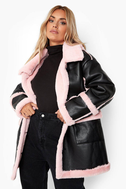 Plus Pink Faux Fur Trim Longline Aviator Jacket - Size 14