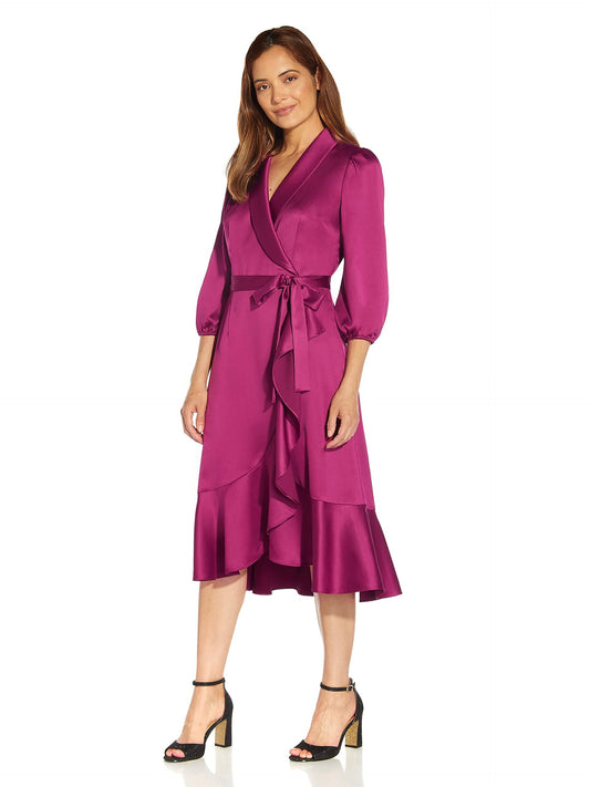 Plus Size Satin Crepe Tuxedo Wrap Dress, Red Plum, Size: 16