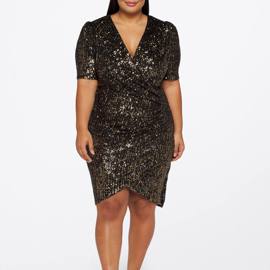 Plus Size Faux-Wrap Sequin Glitter Dress - Black/Gold