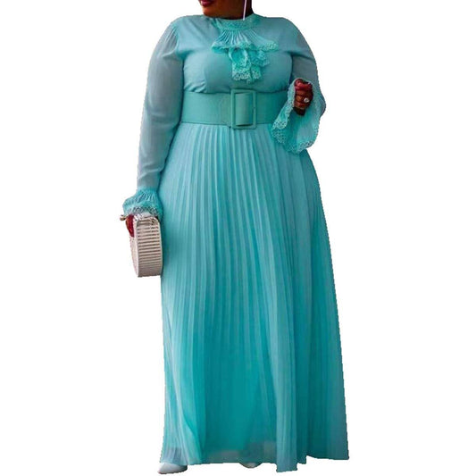 Plus Size Floor-Length Solid Long Sleeve Pleated Women's Maxi Dress Prom Dress With Belt