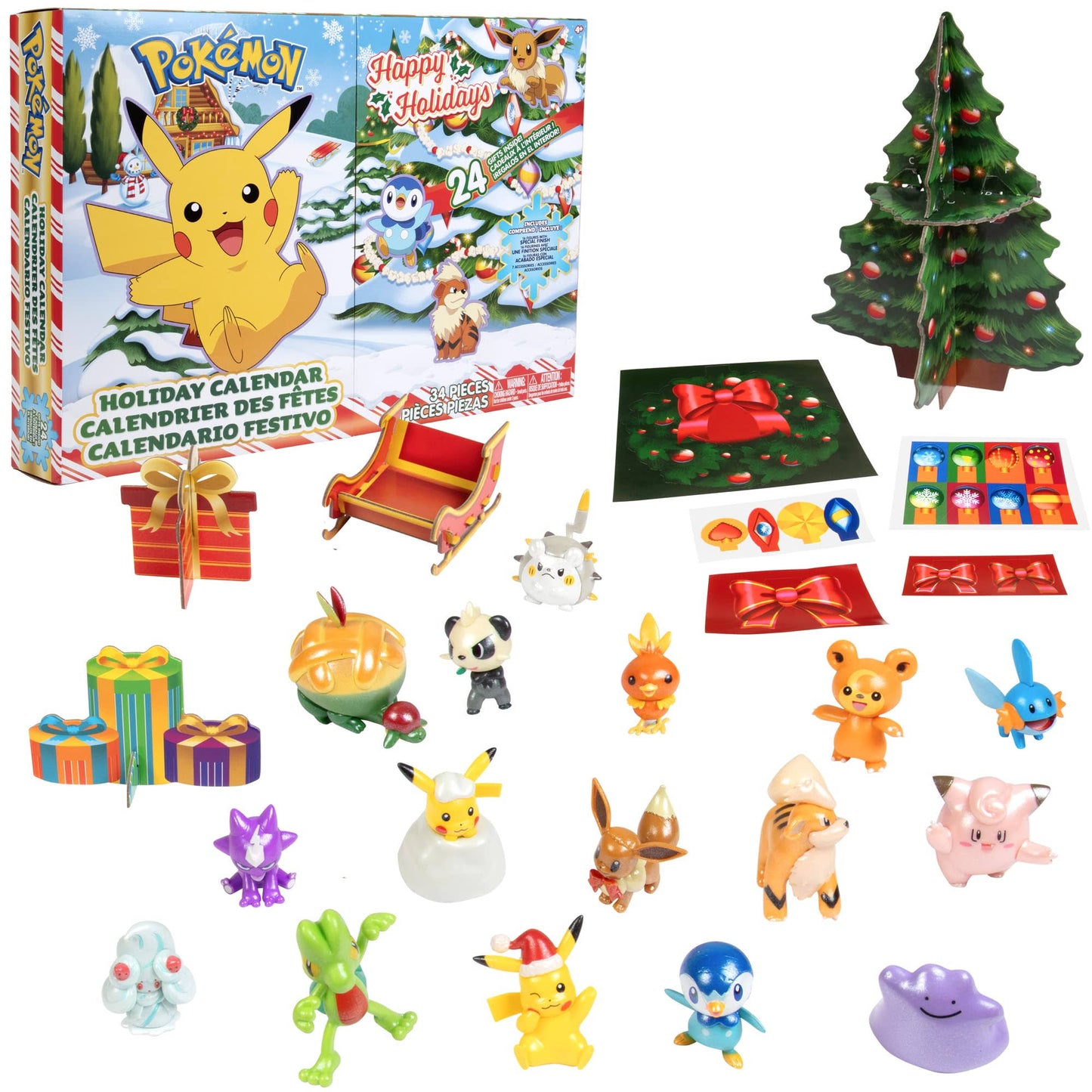 Pokemon 2022 Holiday Advent Calendar For Kids, 24 Piece Gift Playset - Set Includes Pikachu, Eevee, Jigglypuff And More - 16 Toy Character Figures & 8