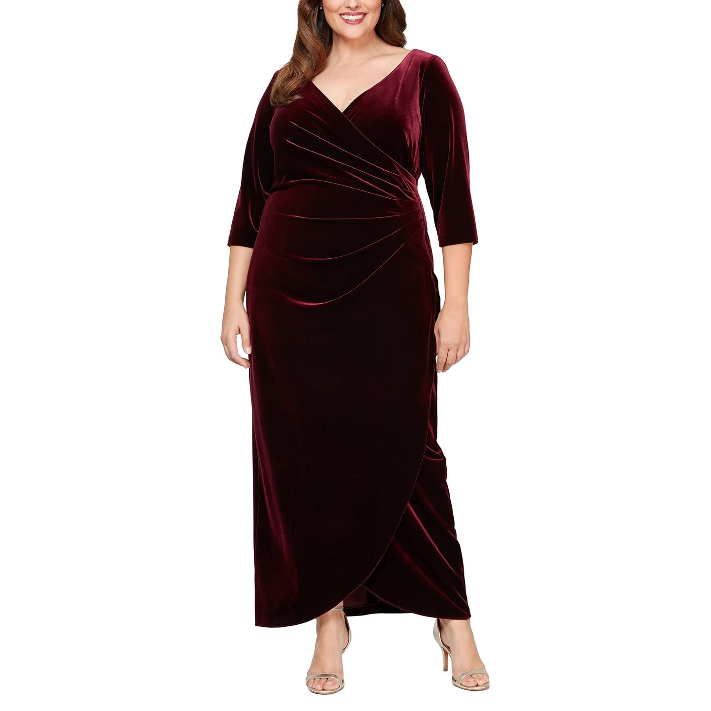 Plus Size Long Sleeve V-Neck Tulip Hem Velvet Mother Of The Bride Dress, Womens, 20w, Imperial