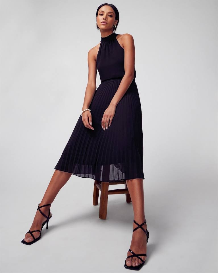 Pleated Halter Midi Dress In Black Size 0 | , Holiday Party & Cocktail Dresses