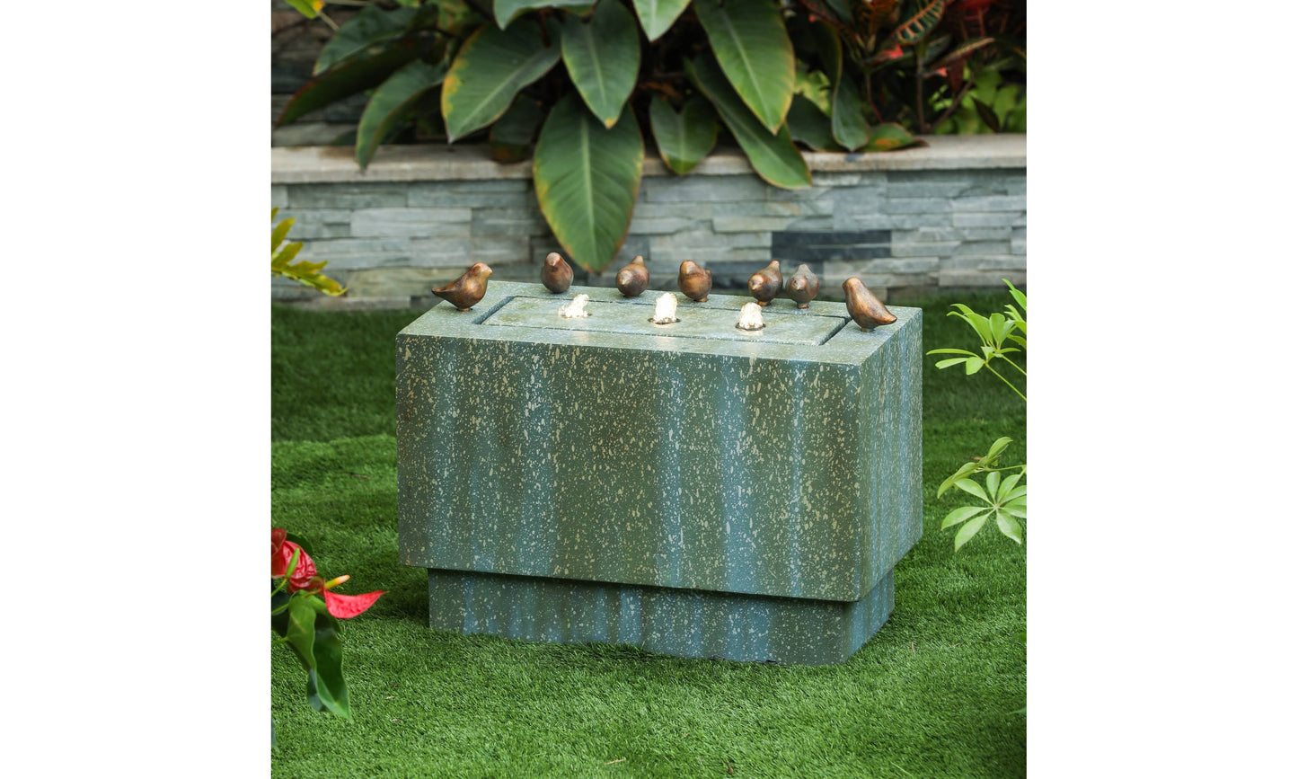 Patina Resin Rectangular Bubbler Outdoor Fountain With Led Lights And Bronze Birds