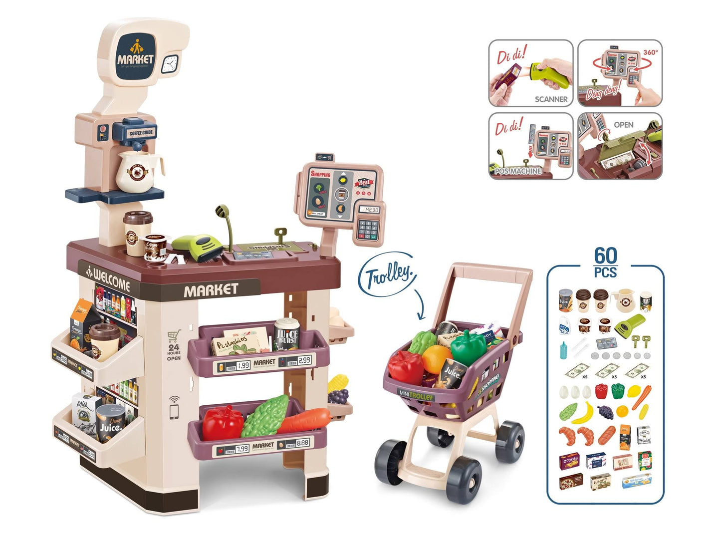 Play Set Mundo Toys With Shopping Cart, Coffee Shop, 60 Accessories For Kids