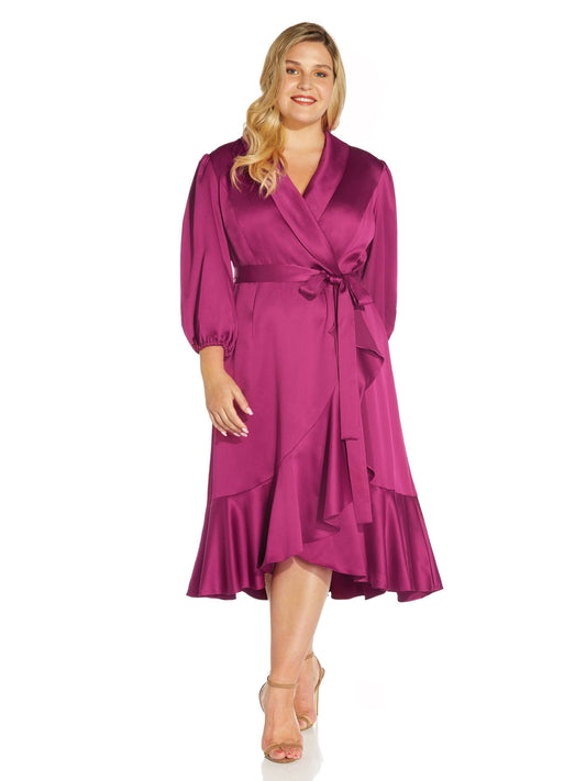 Plus Womens Satin Ruffled Wrap Dress, Red Plum