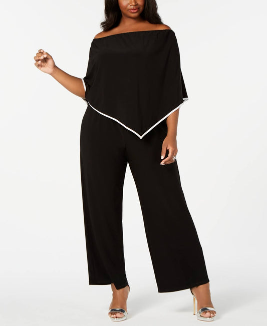 Plus Size Womens Off Shoulder Trimmed Overlay Jumpsuit Black/White / 3x