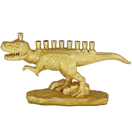 Polyresin Dinosaur Hanukkah Menorah (Gold) With Brass Cups