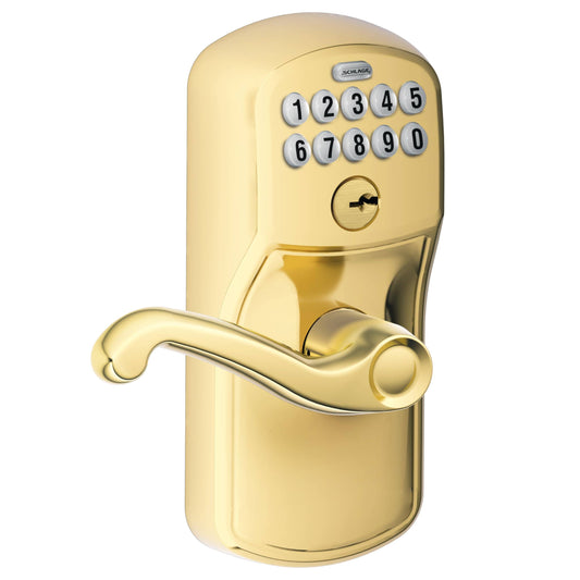 Plymouth Keypad Entry W/Flex-Lock With Flair Lever Bright Brass