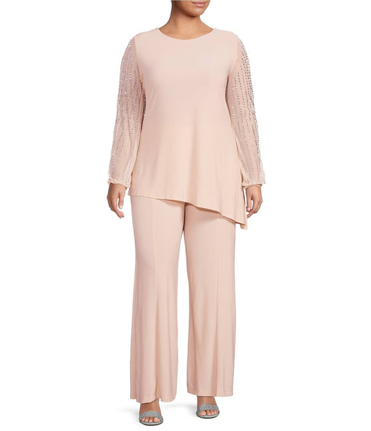 Plus Size Beaded Long Sleeve Crew Neck 2-Piece Pant Set - 22w